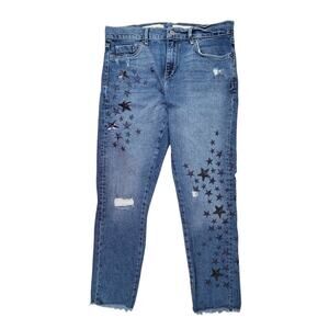 Pilcro letterpress slim boyfriend Anthropologie star embroidered jeans Blue 29